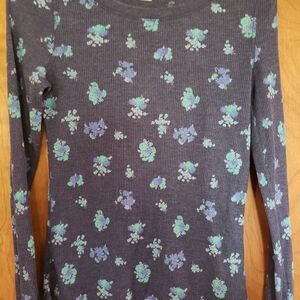 Navy Long Sleeve Floral Ribbed Thermal with Green & Blue Print